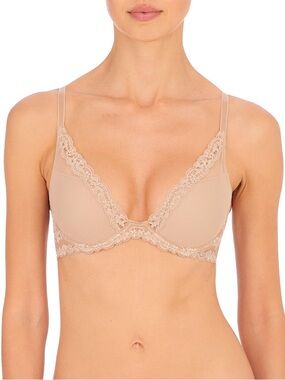 Natori Feathers Luxe Plunge T-Shirt Bra Women’s US Size 34D Beige Lace Underwire